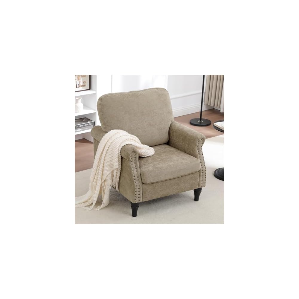 Accent Chair for Living Room, Modern Mid Century Reading Chair Armchair High Back Upholstered Armchair with Wooden Legs for Living Room Bedroom Office (LIGHTGREY, 1pcs)