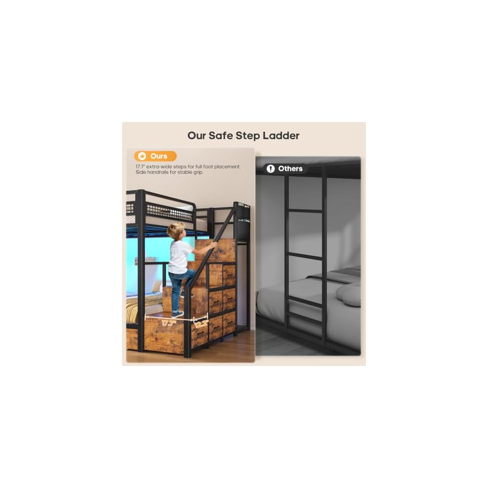 BTHFST Bunk Bed Full Over Full with Stairs, Storage Drawers and LED Lights