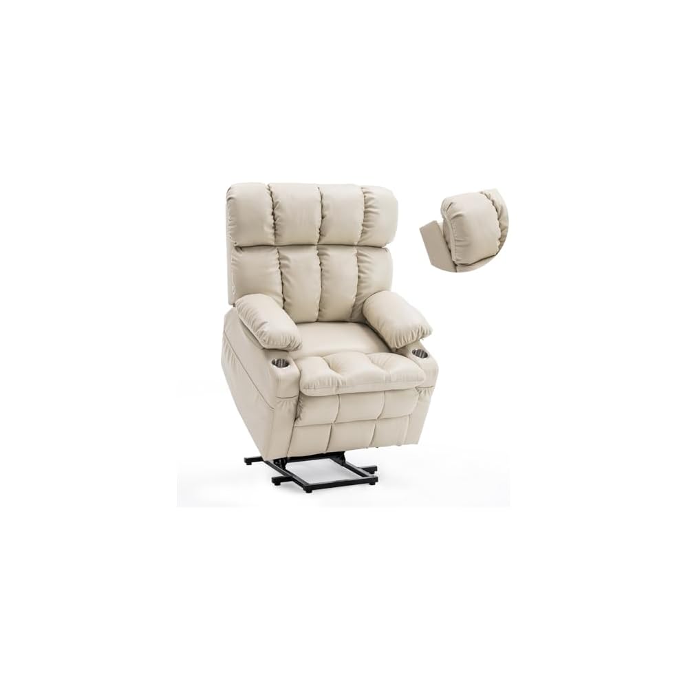 Lay Flat Recliner Lift Chair with Headrest,Infinite Positon Power Lift Recliner Chair for Elderly, Zero Gravity Leather Recliner with Extended Footrest, USB Type C, Cup Holders,Massage and Heat Brown