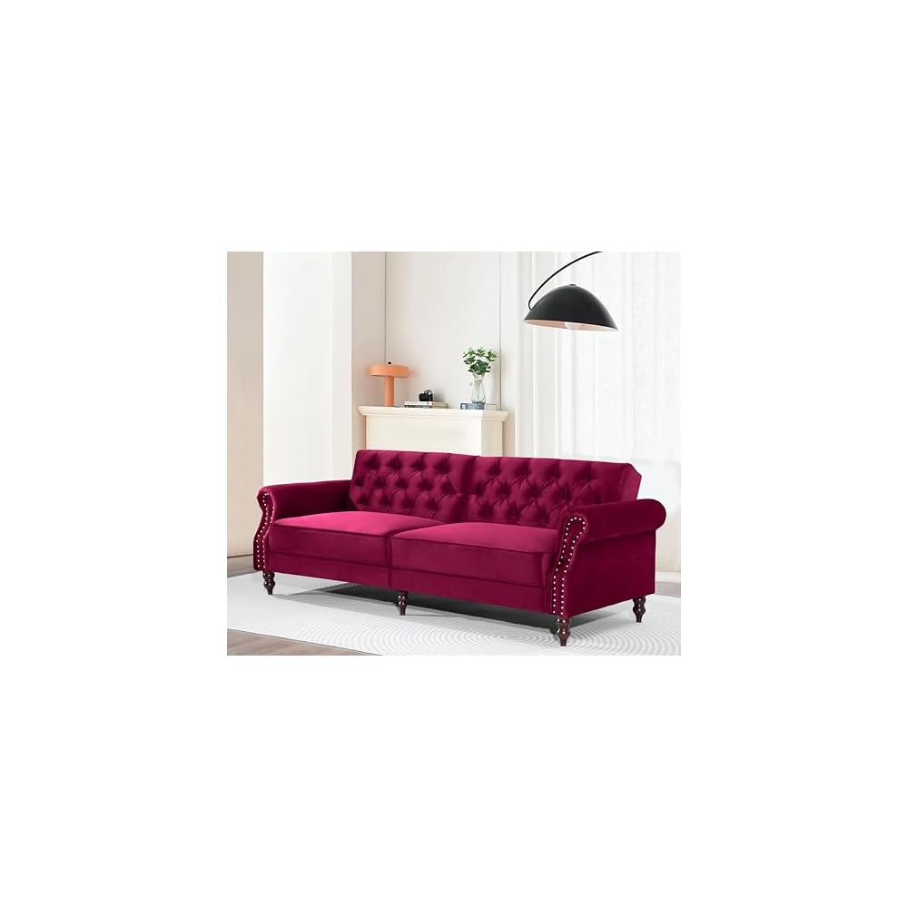 Legend Vansen 87.8 inchs Convertible Velvet Bed Sleeper Futon Sofas, Wine Red