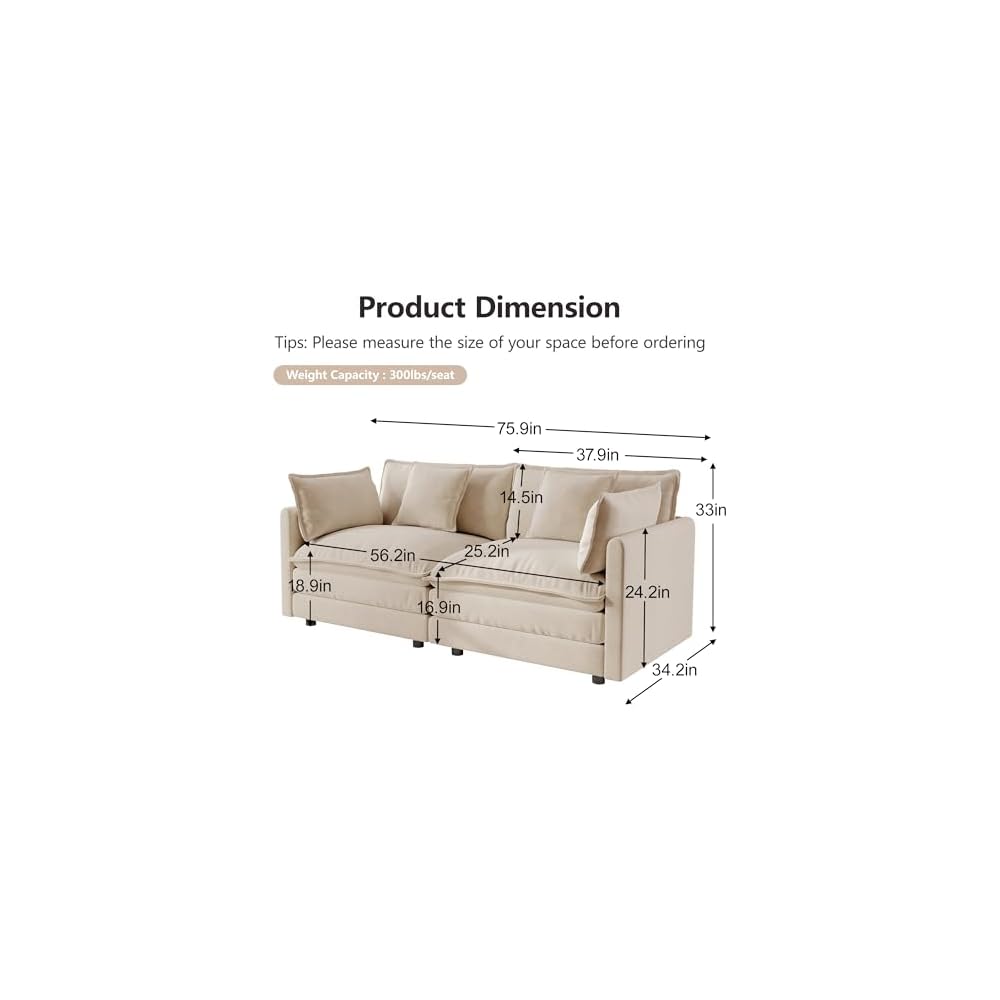 Aoowow 2 Pieces Modular Sectional Sofa Set, 2 Modern Chenille Loveseat Couch Set with Pillows, Comfy Cloud Deep Seat Couches for Living Room Apartment, Camel