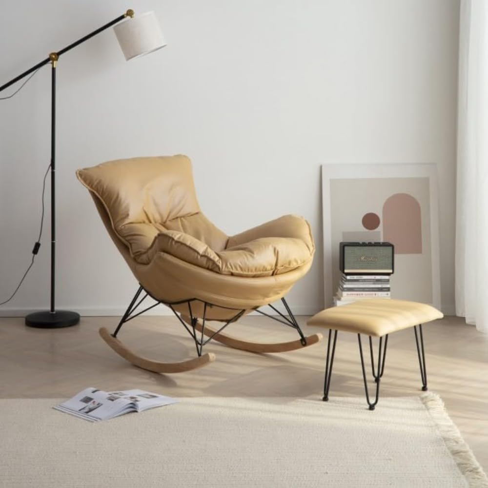 Nordic Reclining Chair, Relaxing Chair, Home use, Lightweight, high-end Rocking Chair, Detachable Design, Stable Load-Bearing, Hollow Cotton Filling, Soft and Comfortable (Yellow) (Khaki)