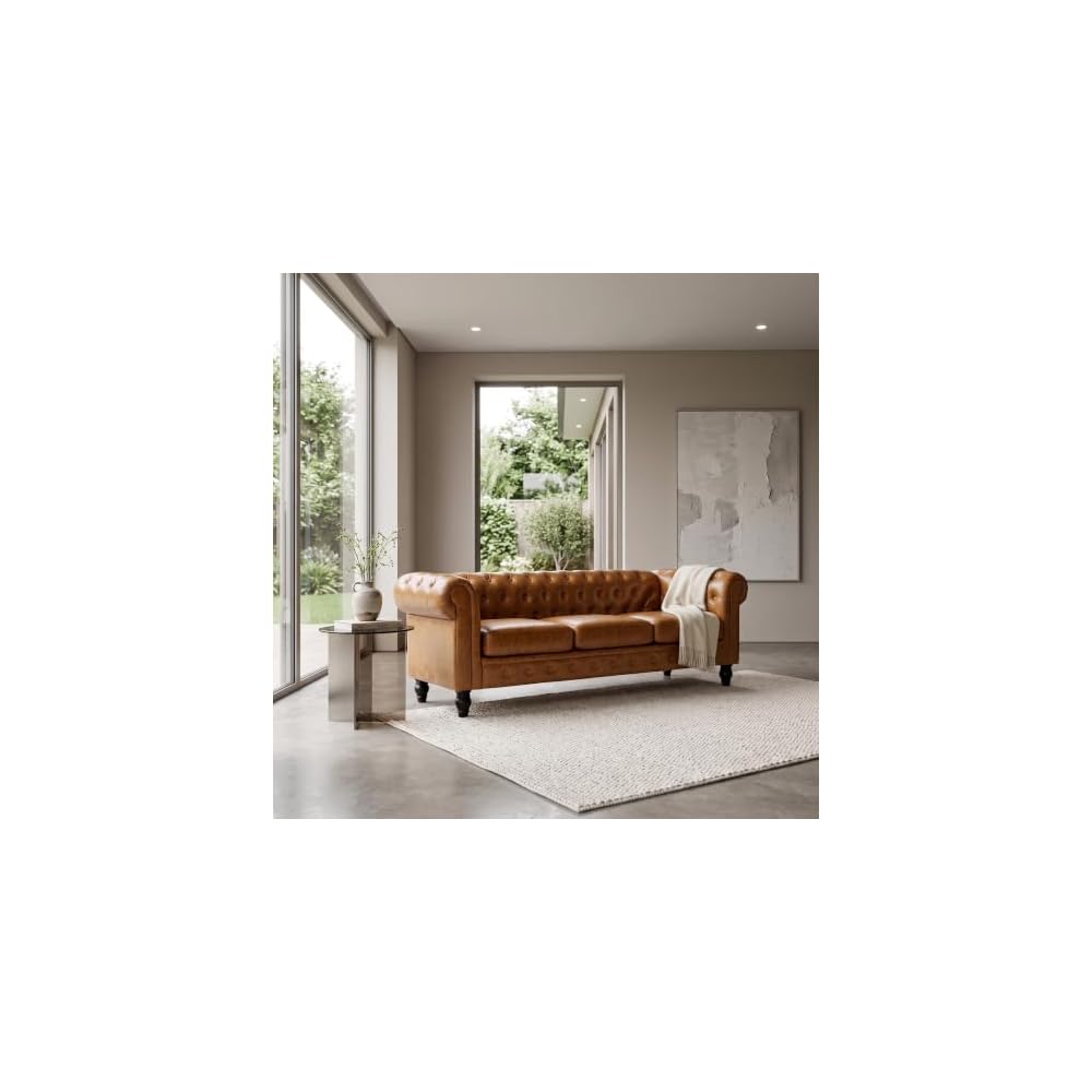 Modern Chesterfield Button-Tufted Couch, 88" Light Brown PU Leather 3 Seater Sofa, Home Luxury Upholstered Sofa Deep Seat Couch for Living Room Apartment Home Office