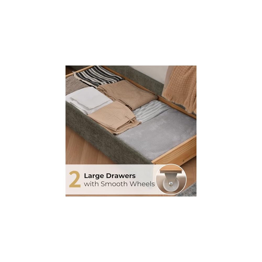 VELOCAVA Full Size Upholstered Bed Frame with 2 Drawers Storage, Platform Bed with Soft & Cushioned Headboard, Sturdy Wood Slats, Underbed Storage, No Box Spring Needed, Sage Green