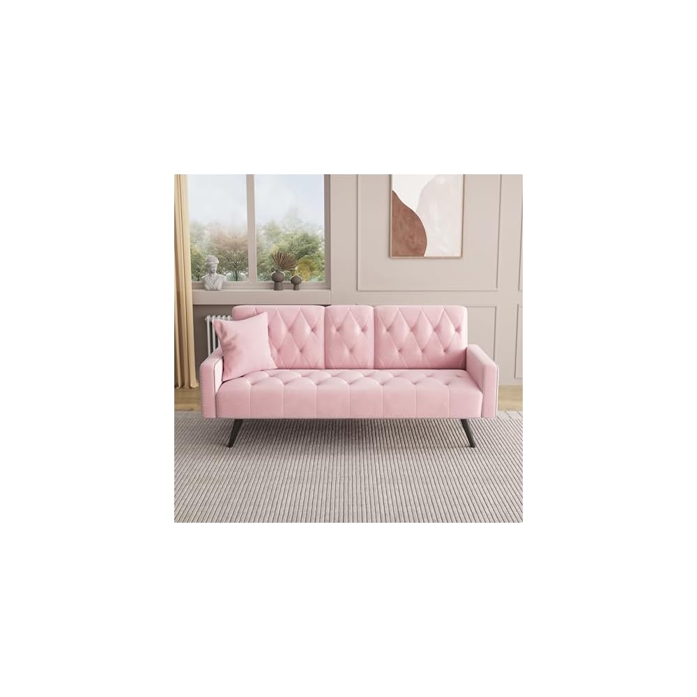 72" Pink Velvet Futon Sofa Bed - 2 Cup Holders