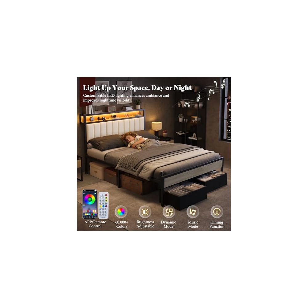 AMERLIFE Full Bed Frame with LED Lights & 2-Tier Storage Headboard