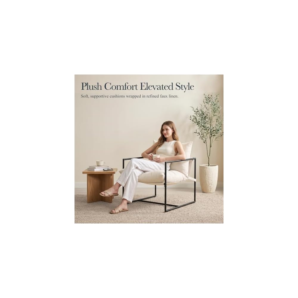 Modern Accent Chair, Upholstered Reading Sling Chair with Metal Frame and Soft Cushion,Stylish Lounge Armchair for Living Room, Bedroom or Office Seating, Ivory