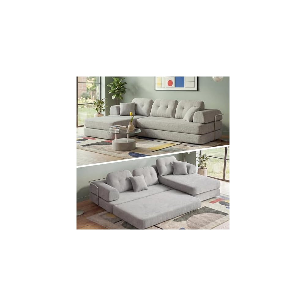 Boneless Sectional Couch with Chaise, Convertible L-Shape Floor Sleeper with High Headrest, Modular Sofa Bed for Living Room Apartment, No Assembly,Chenille Beige