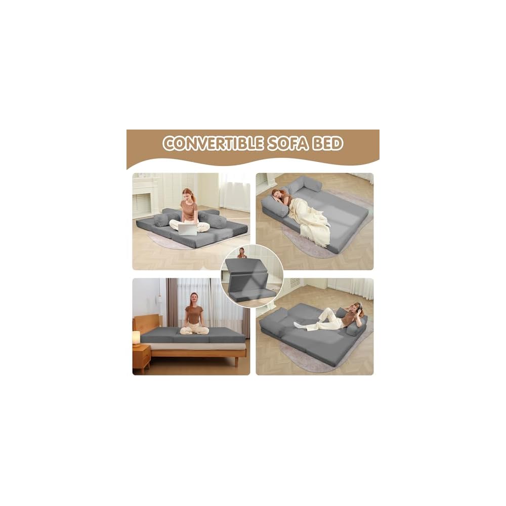 5-in-1 Convertible Sofa Bed,54" Boneless Couch Tri Folding Floor Mattress with Removable L-Shaped Armrests & Handle,Corduroy Futon Couch Sleeper with Pull Out Bed for Living Room Bedroom Apartment
