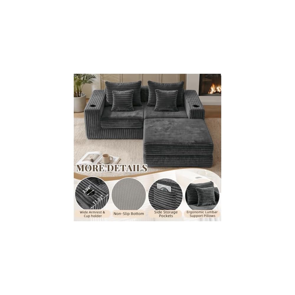 EROMMY 80" Cloud Modular Sectional Sofa, Boneless Corduroy Couch Sofa with Cup Holders & Side Pockets, L-Shaped Couch with Reversible Chaise, Deep Seat, No Assembly, Grey