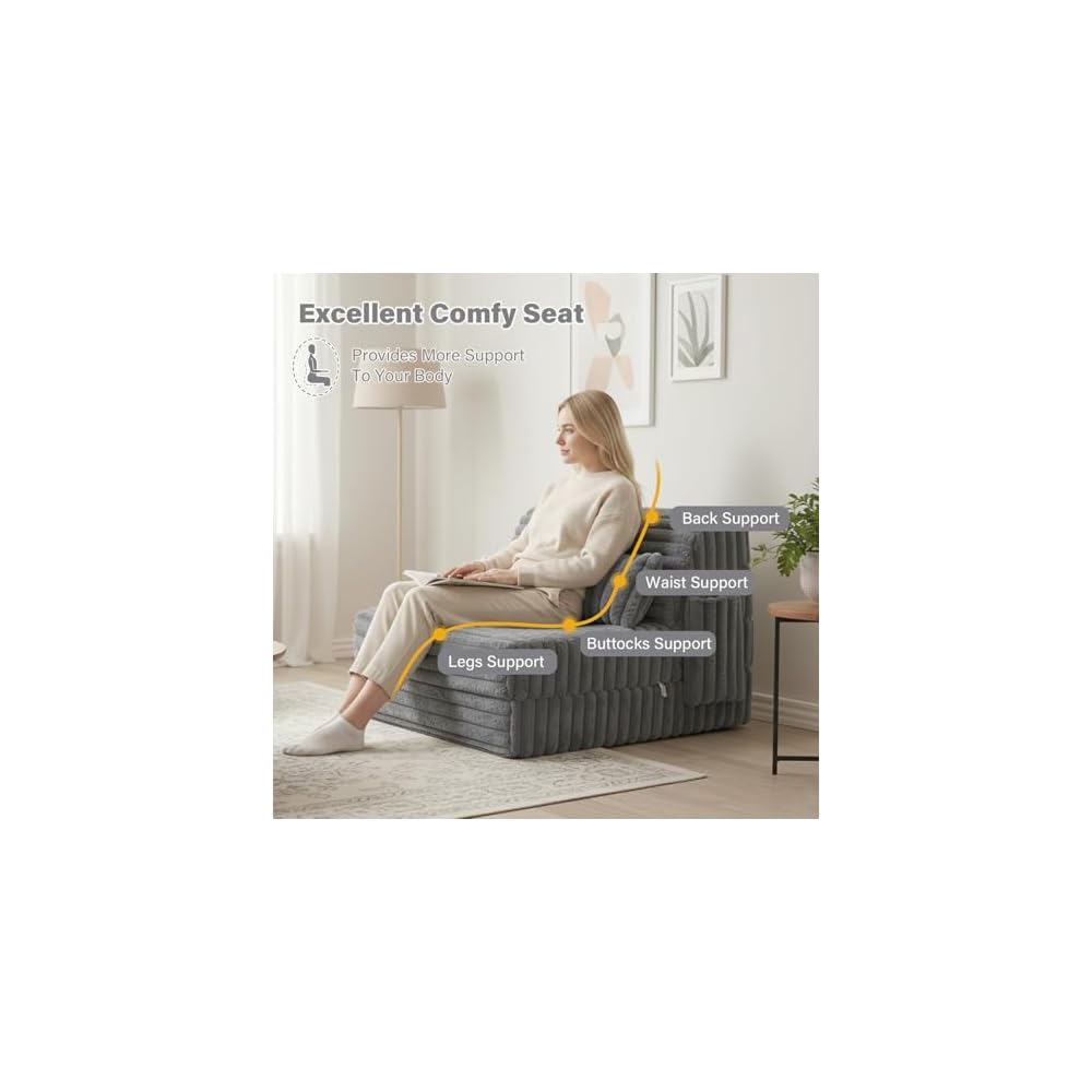 Tiita Folding Sofa Bed Convertible Sleeper Chair Mattress with Pillow & Side Pocket, Thick Corduroy Floor Mattress Couch Bed, Single Size, Grey