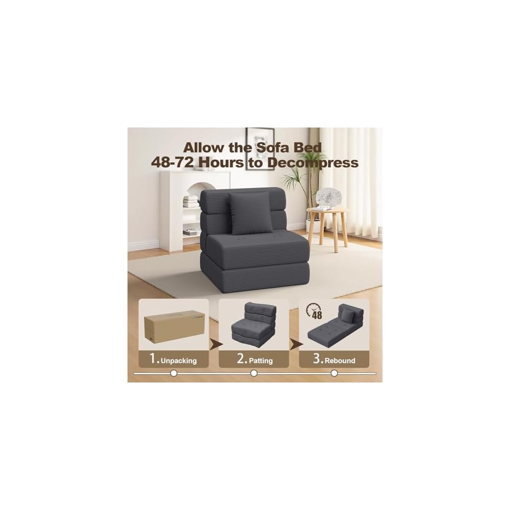 Folding Sofa Bed, One-Piece Foam Convertible Sleeper Chair, Grey, Single