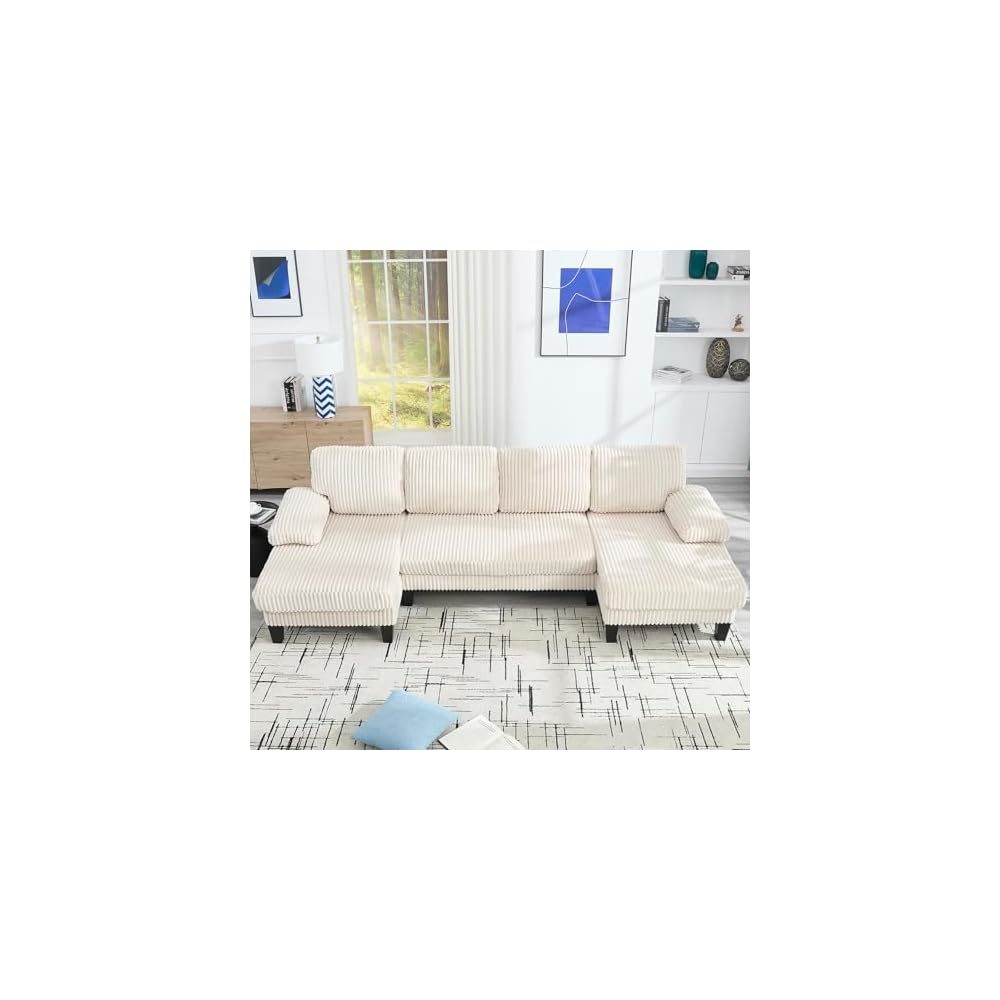 114" Cloud Couch Modular Sectional Sofa Convertible U-Shaped Couch with Double Chaise Lounge Corduroy Upholstery Sofa Double Cushions Deep Seat Sleeper Sofas Couches for Living Room White