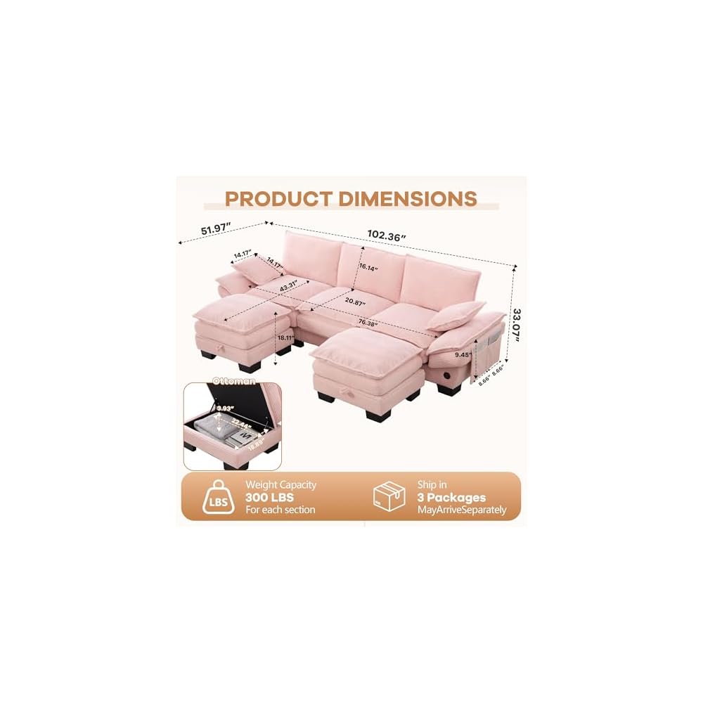 102" U Shaped Couch, Modular Sectional Sofa with Storage Ottoman, Comfy Fluffy Cloud Sectional Couches for Living Room, Modern Modular Sofa with USB Ports (Pink)