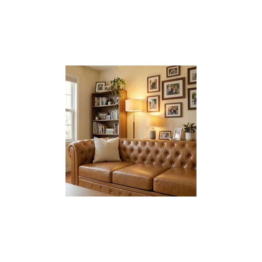 Modern Chesterfield Button-Tufted Couch, 88" Light Brown PU Leather 3 Seater Sofa, Home Luxury Upholstered Sofa Deep Seat Couch for Living Room Apartment Home Office