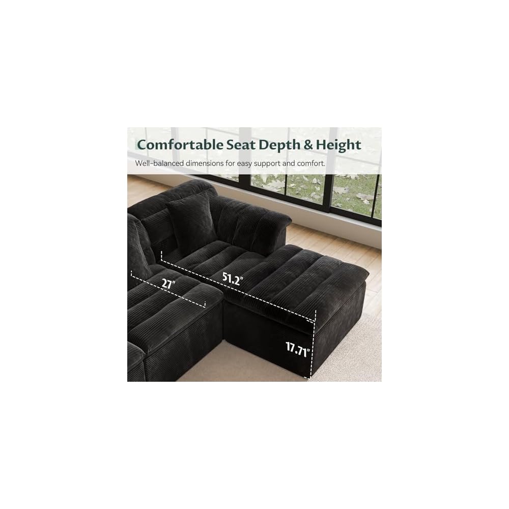 142" Modular Cloud Sectional Couch with Ottoman, Modern Upholstered Compressed Sofa with Deep Seat, Comfy L-Shape Corduroy Couches for Living Room, No Assembly Required, Black