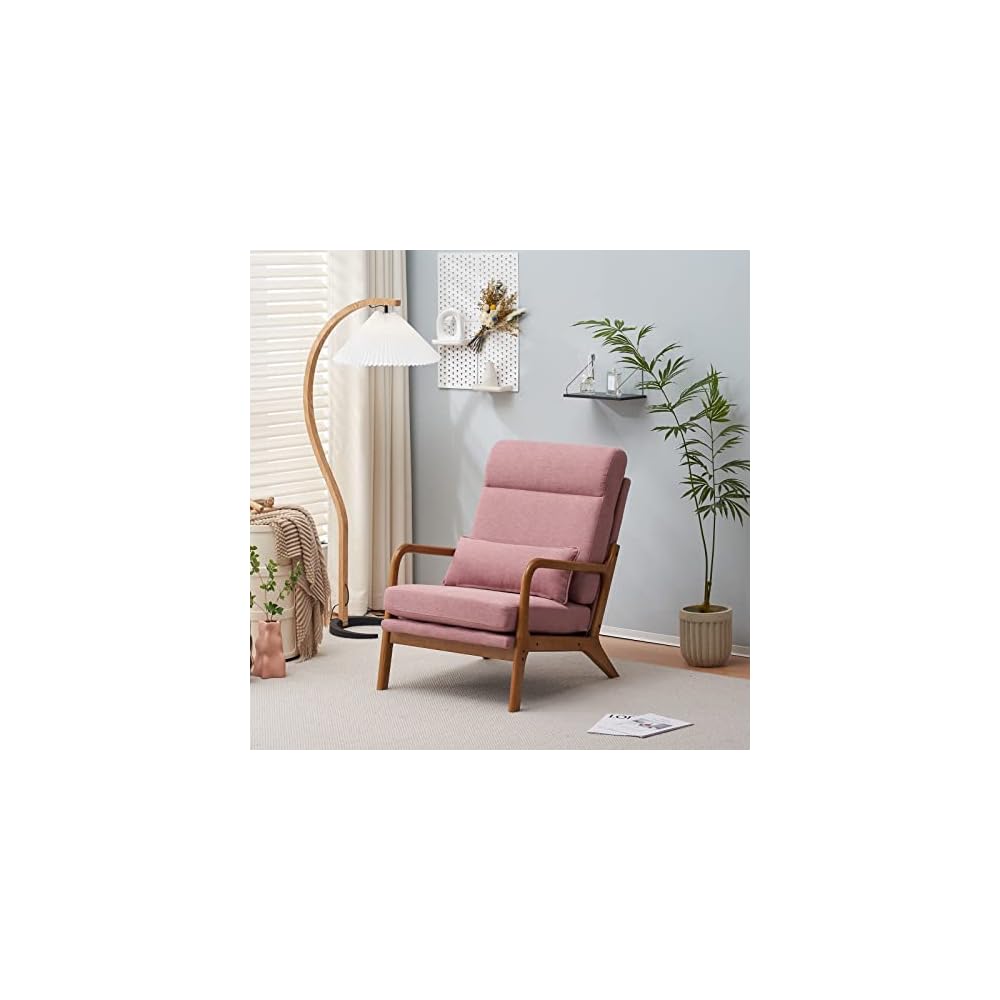 Mid Century Modern Accent Chair with High Back Waist Cushion, Upholstered Living Room Chairs for Reading, Relaxing, Entertaining, Wood Frame Armchair for Bedroom, Sunroom, Balcony (Pink)