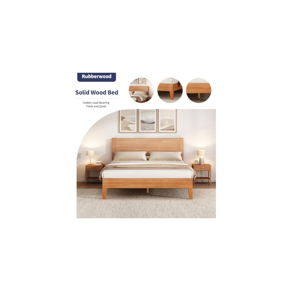 Solid Wood Queen Bed Frame with Headboard, Rubberwood Platform Bed