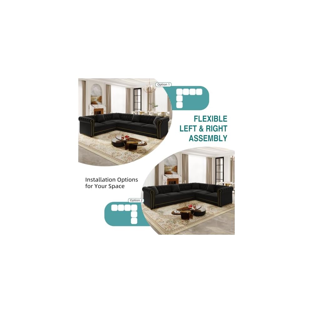 HANXIN 115.3" L-Shaped Sofa Couch with Pull Out Bed, Oversize Convertible Sectional Sleeper Sofa with Button Tufted & Rolled Arm, 6 Seat Velvet Upholstered Couches for Living Room(Black)