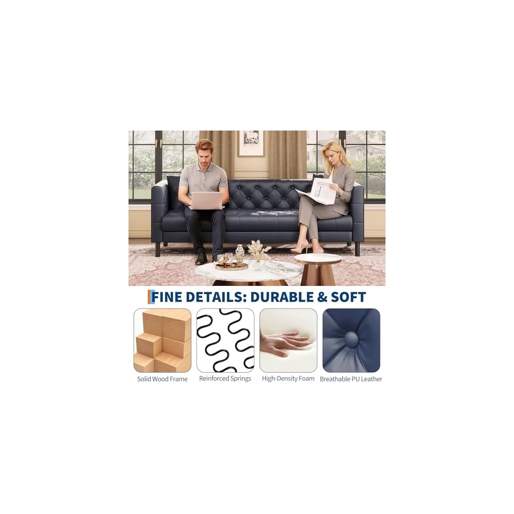 GAOMON 81" Faux Leather Couch,3 Seater Chesterfield Sofa,Button Tufted,Blue