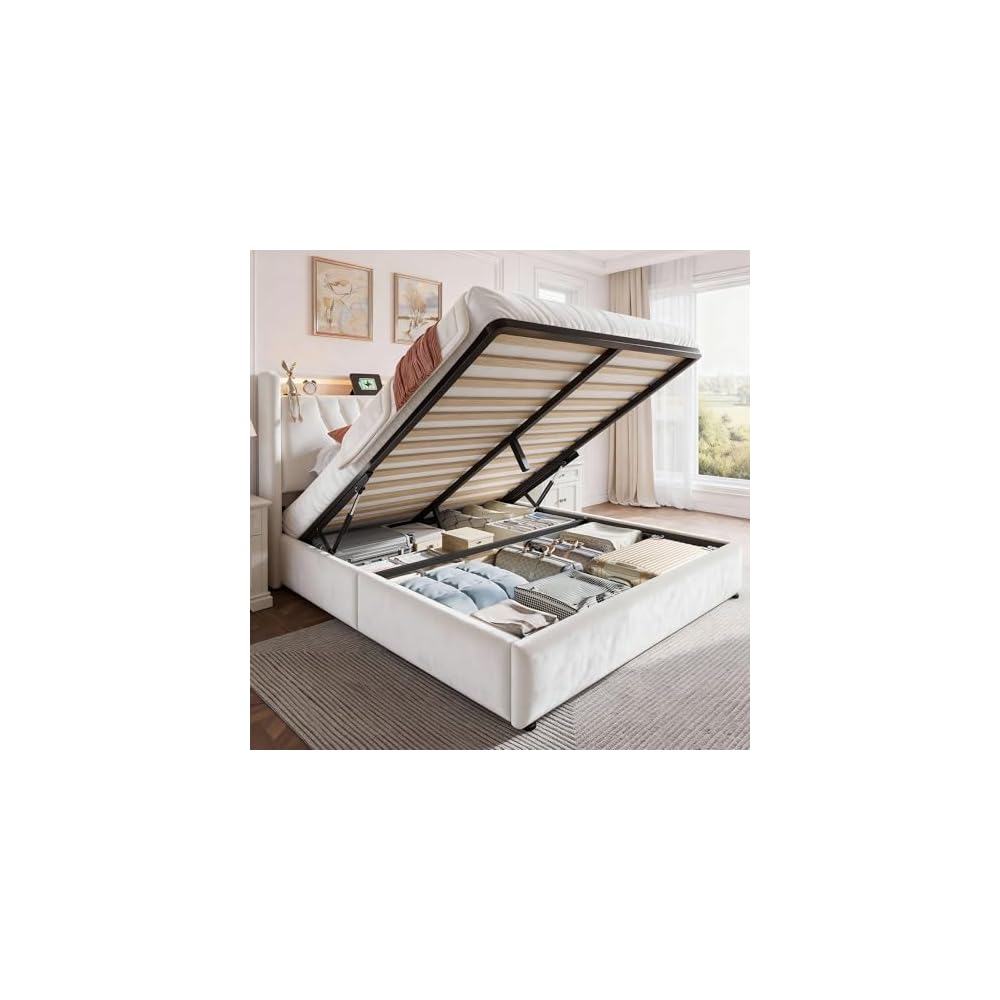 Homkdom Queen Velvet Lift Up Storage Bed Frame with Charging & LED, Beige
