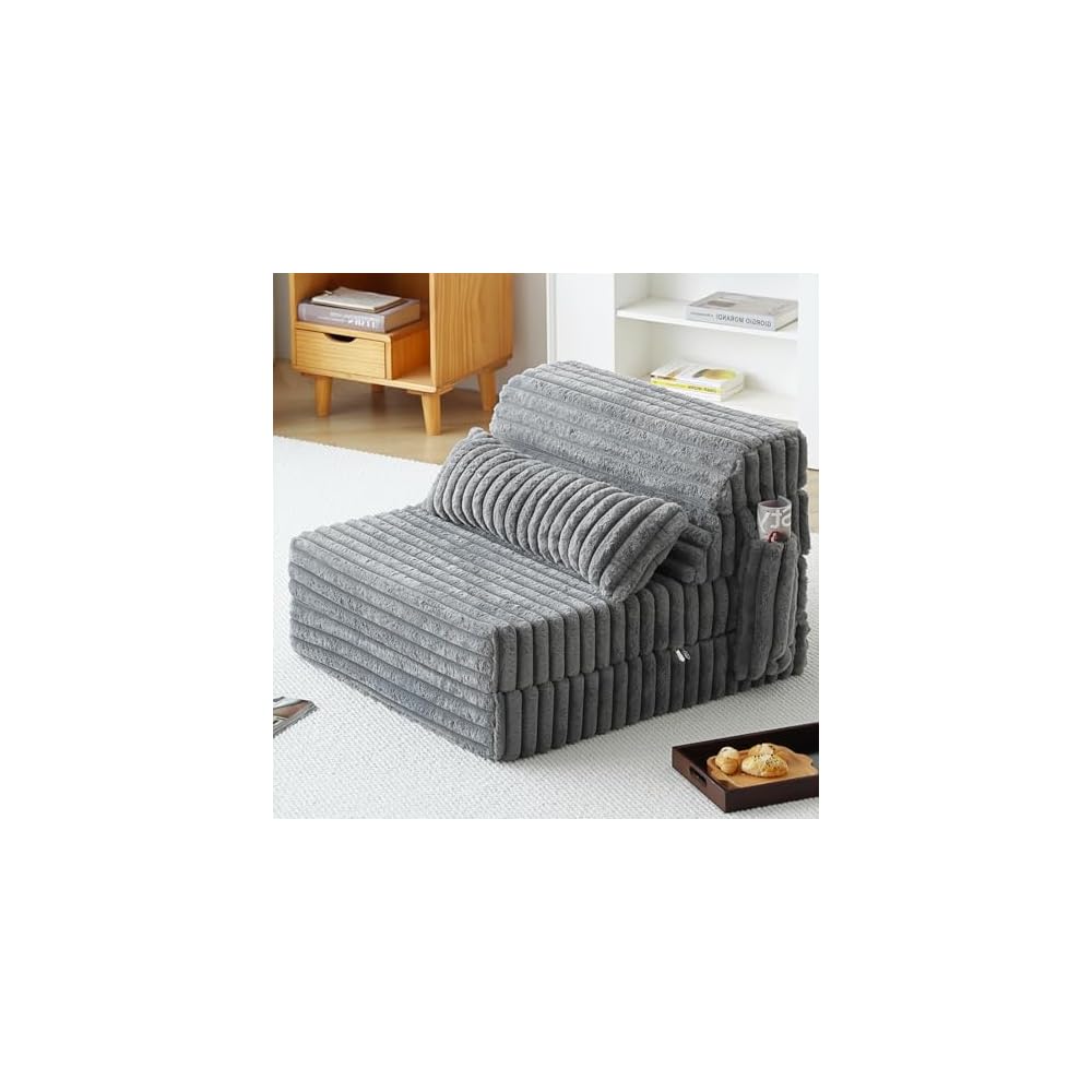 Tiita Folding Sofa Bed Convertible Sleeper Chair Mattress with Pillow & Side Pocket, Thick Corduroy Floor Mattress Couch Bed, Single Size, Grey