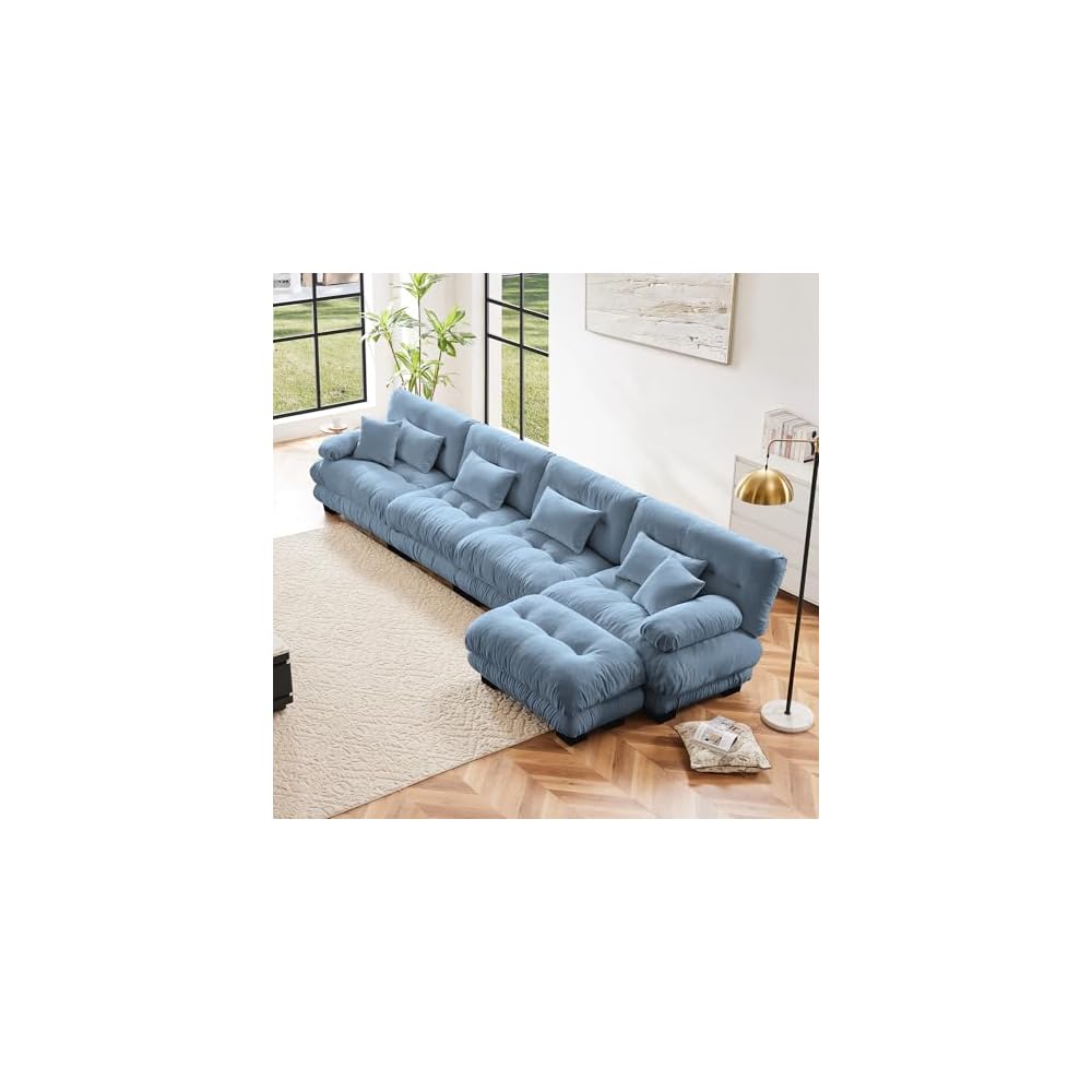 173.3" Oversized Modular Sectional Sofa 4-Seater L-Shaped Cloud Couch with 1 Ottoman and Pillows for Living Room, Home Theater, Apartment,Chenille Fabric（Sky Blue）