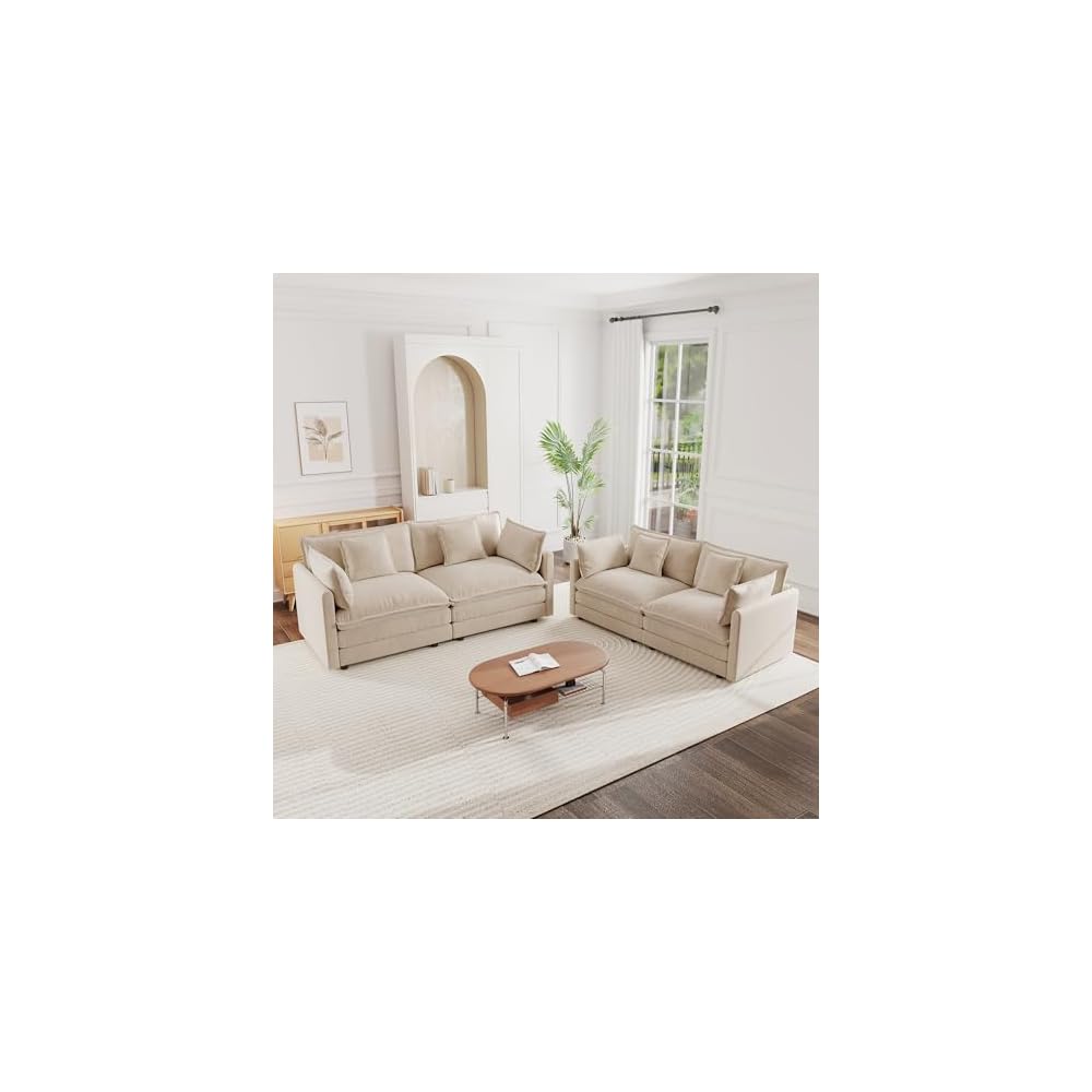 Aoowow 2 Pieces Modular Sectional Sofa Set, 2 Modern Chenille Loveseat Couch Set with Pillows, Comfy Cloud Deep Seat Couches for Living Room Apartment, Camel