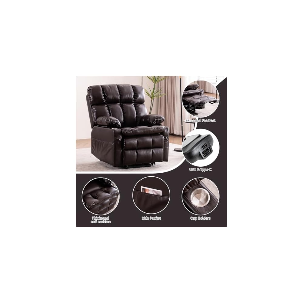 Lay Flat Recliner Lift Chair with Headrest,Infinite Positon Power Lift Recliner Chair for Elderly, Zero Gravity Leather Recliner with Extended Footrest, USB Type C, Cup Holders,Massage and Heat Brown