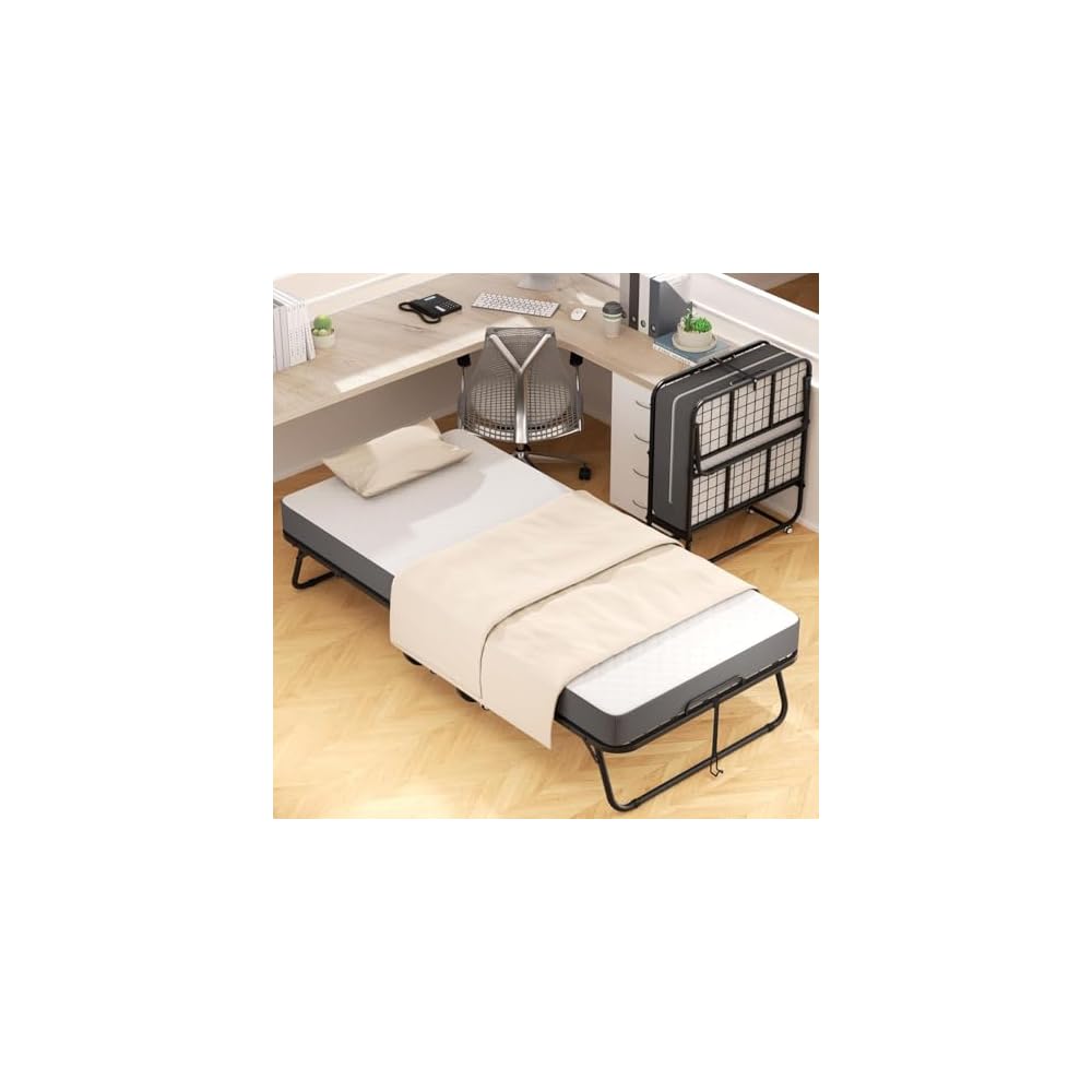 SUNCROWN 75” x 38” Folding Bed with Mattress, Portable Rollaway Twin Folded Beds, Space-Saving Sturdy Metal Frame, Fold up Bed with 5" Memory Foam Mattress, Hideaway, Fold Up, Roll Away