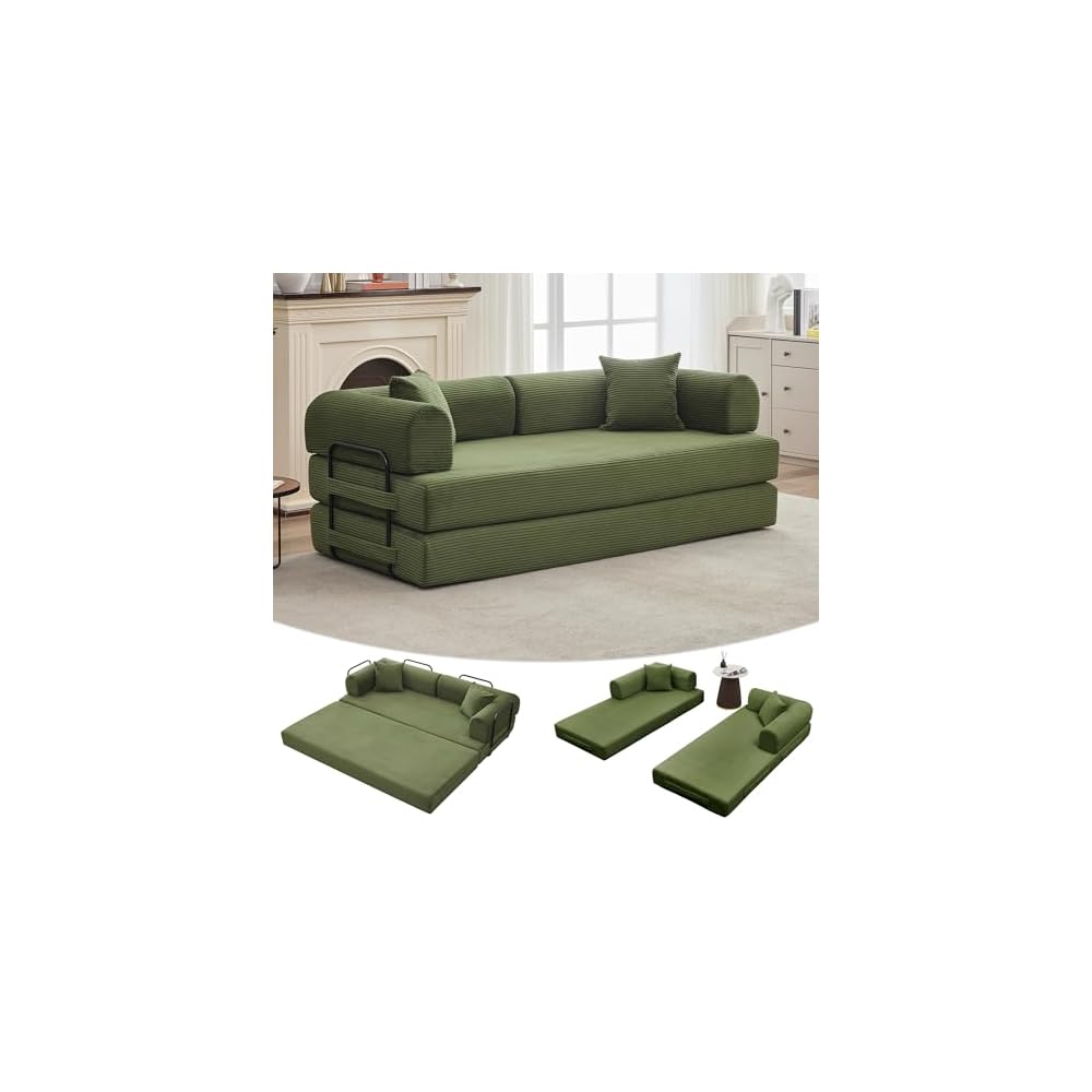 GarveeHome 79" Convertible Sleeper Sofa Bed Couch, 4-in-1 Boneless Corduroy Folding Sofa Bed with Pillow & Fixed-Shape, Floor Mattress Couch Loveseat for Living Room Apartments - No Assembly, Green