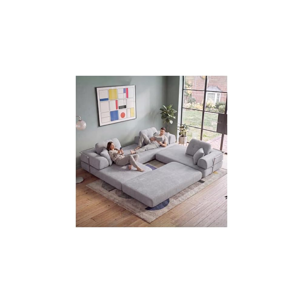 Boneless Sectional Couch with Chaise, Convertible L-Shape Floor Sleeper with High Headrest, Modular Sofa Bed for Living Room Apartment, No Assembly,Chenille Beige