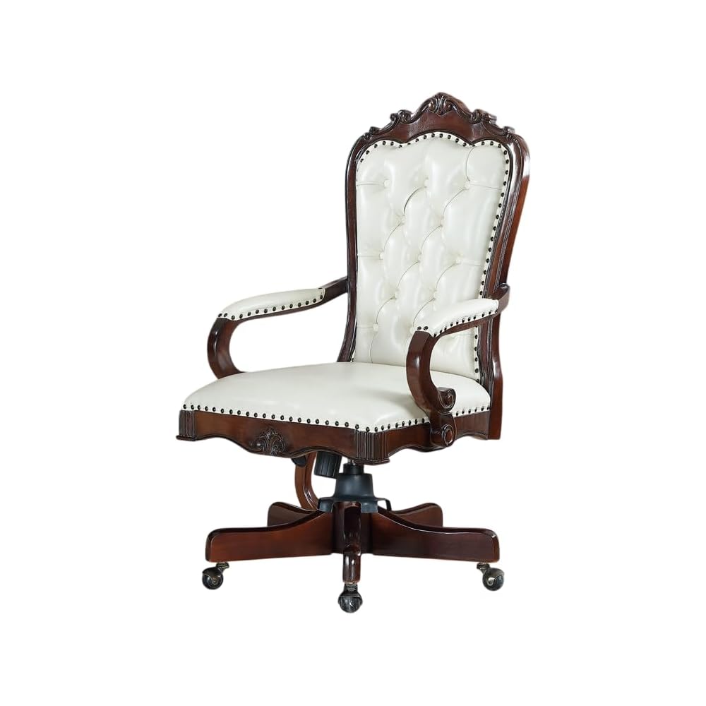 Genuine Leather Executive Chair with Carved Wood Details, Adjustable Swivel Office Chair for Home or Conference (Blue)
