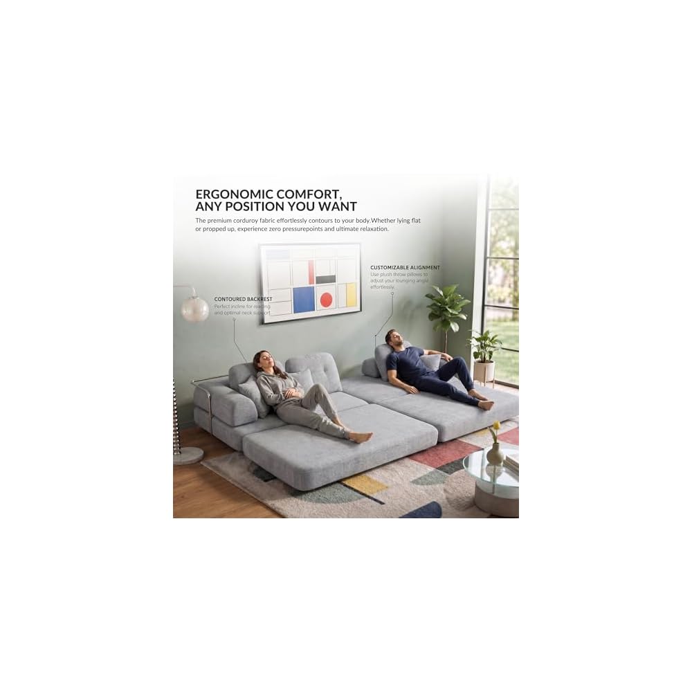 Boneless Sectional Couch with Chaise, Convertible L-Shape Floor Sleeper with High Headrest, Modular Sofa Bed for Living Room Apartment, No Assembly,Chenille Beige