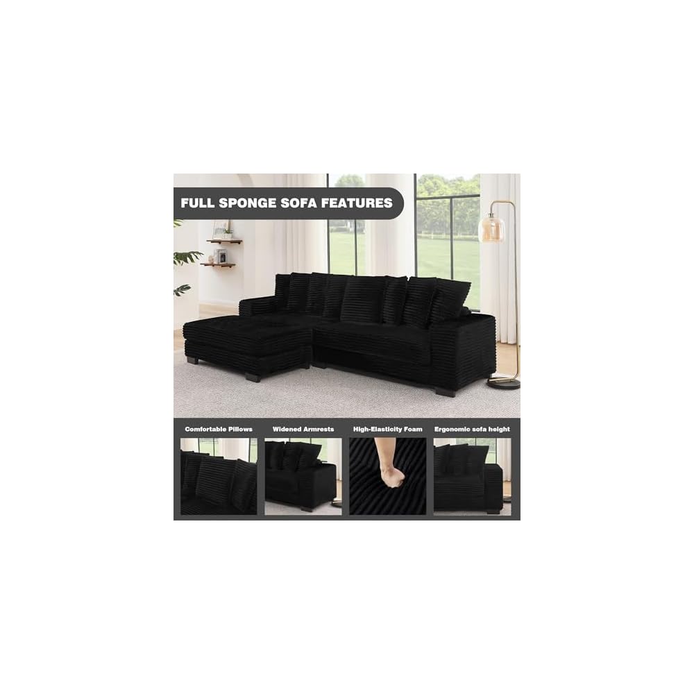 ECLYL, Comfortable Compression L-Shaped Modular Combination Sofa, Compression Combination, Modern Minimalist Corduroy Sofa, Suitable for Living Room and Bedroom (Black2)