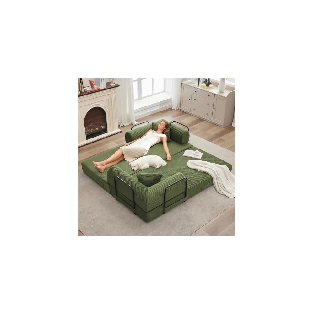 GarveeHome 79" Convertible Sleeper Sofa Bed Couch, 4-in-1 Boneless Corduroy Folding Sofa Bed with Pillow & Fixed-Shape, Floor Mattress Couch Loveseat for Living Room Apartments - No Assembly, Green