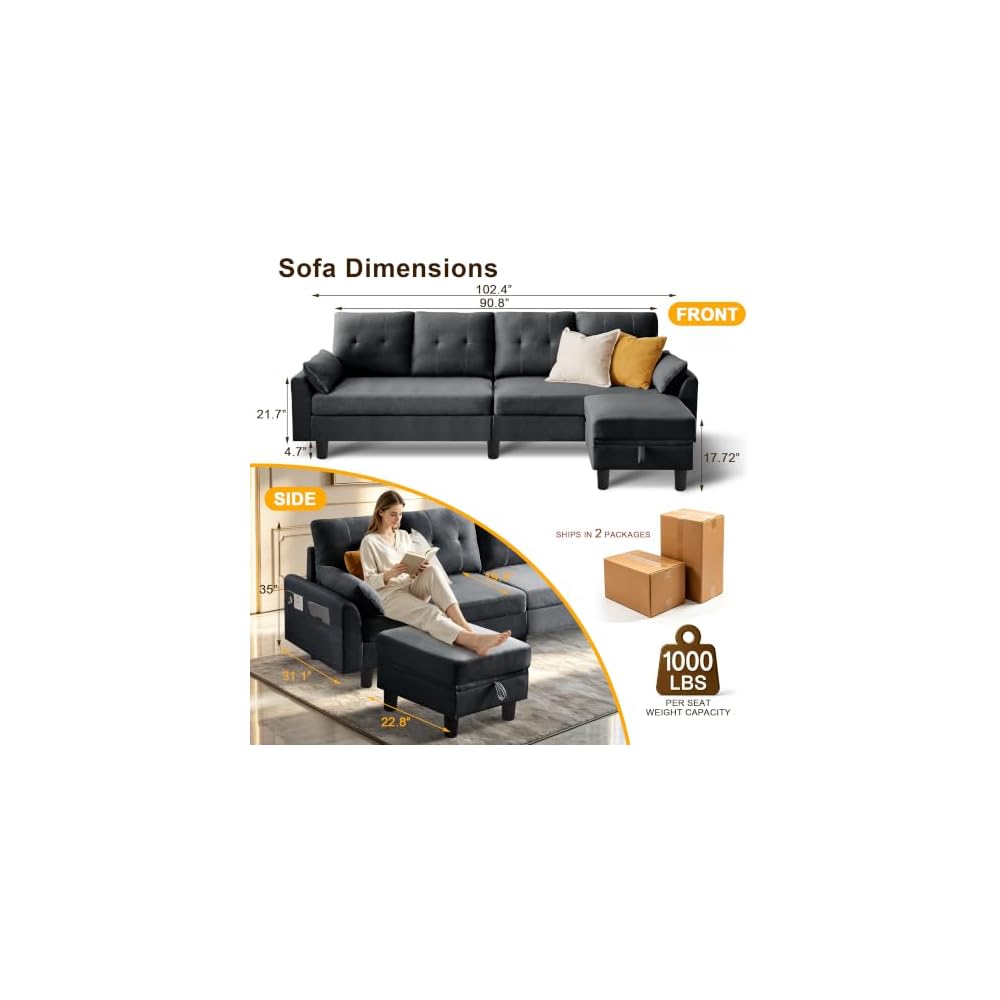 102" Sectional Sofa, 4-Seat L Shaped Couch with Storage Chaise and Phone Holder for Living Room, Convertible Sofa with Headrests, Dark Grey