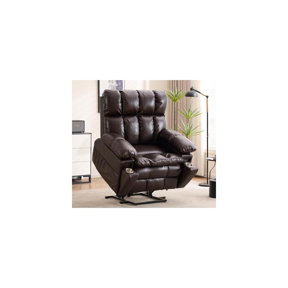 Lay Flat Recliner Lift Chair with Headrest,Infinite Positon Power Lift Recliner Chair for Elderly, Zero Gravity Leather Recliner with Extended Footrest, USB Type C, Cup Holders,Massage and Heat Brown
