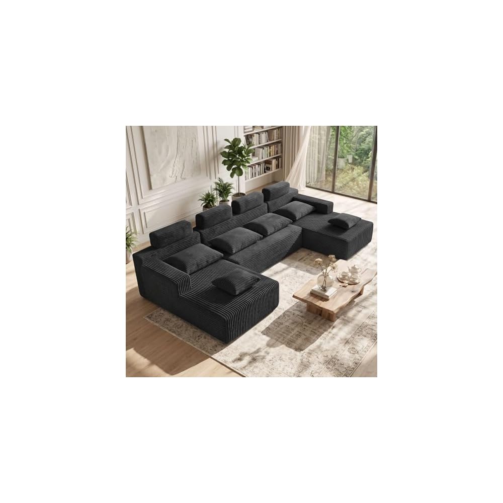 134" Boneless Couches for Living Room - Modular Sectional Sofa U Shaped Oversized Deep Seat High Back Corduroy No Assembly Modern Cloud Big Comfy Floor Couches (Black)