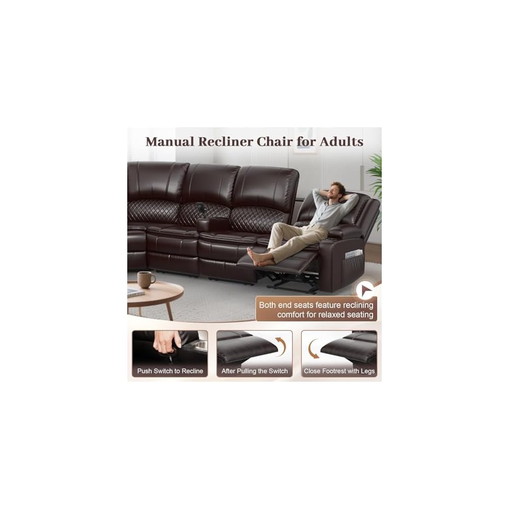 Manual Reclining Sectional Sofa Set, 5 Seats 1+1+3 Leather Reclining