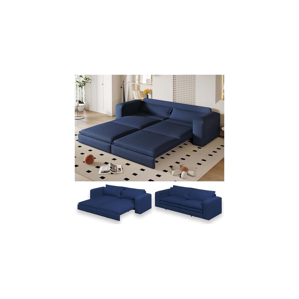 93" Sleeper Sofa Bed King Size, Boucle Pull Out Couch, Blue