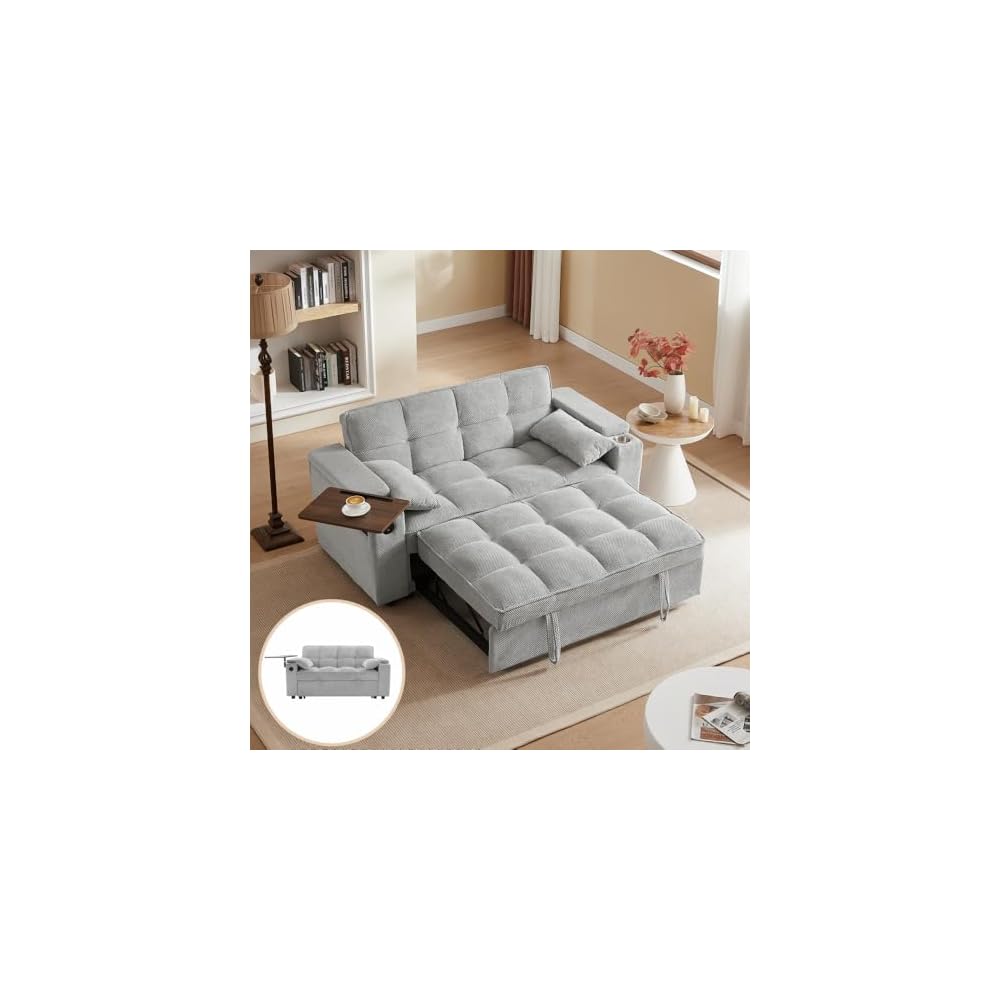 Auvsoce 65'' Convertible Sleeper Sofa Bed with Adjustable Backrest, Chaise Lounge, Side Table & USB/Type-C Ports – Stylish & Functional Addition to Any Living Room (Fashion Light Grey)