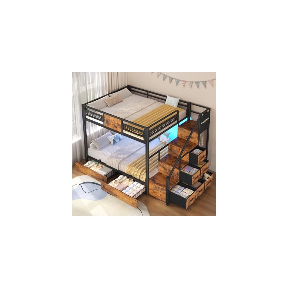 BTHFST Bunk Bed Full Over Full with Stairs, Storage Drawers and LED Lights