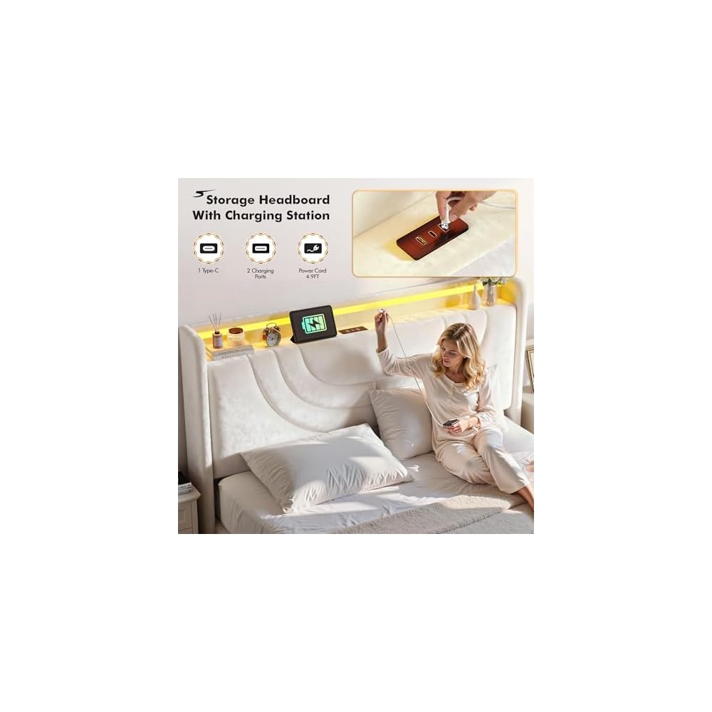 Homkdom Queen Velvet Lift Up Storage Bed Frame with Charging & LED, Beige