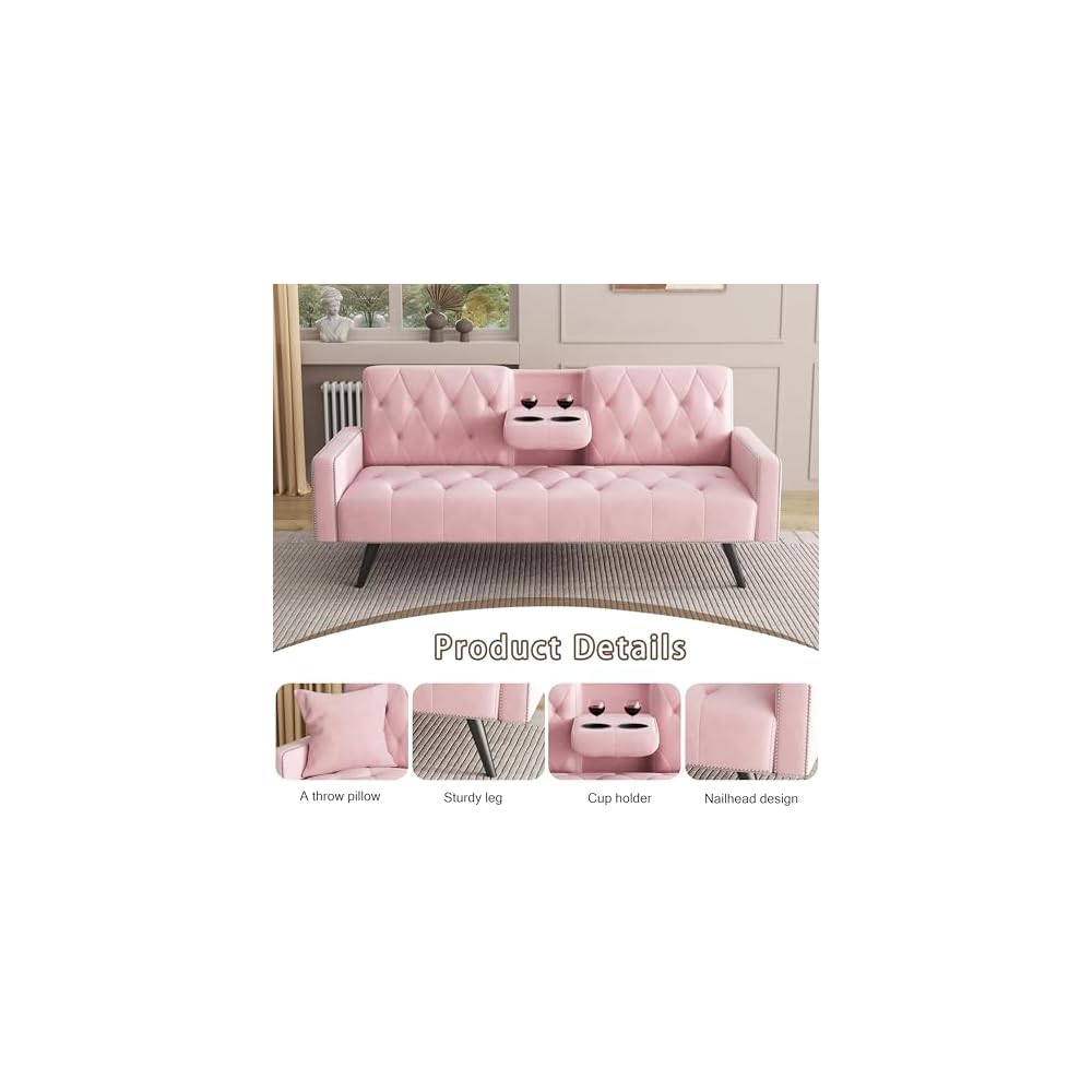 72" Pink Velvet Futon Sofa Bed - 2 Cup Holders