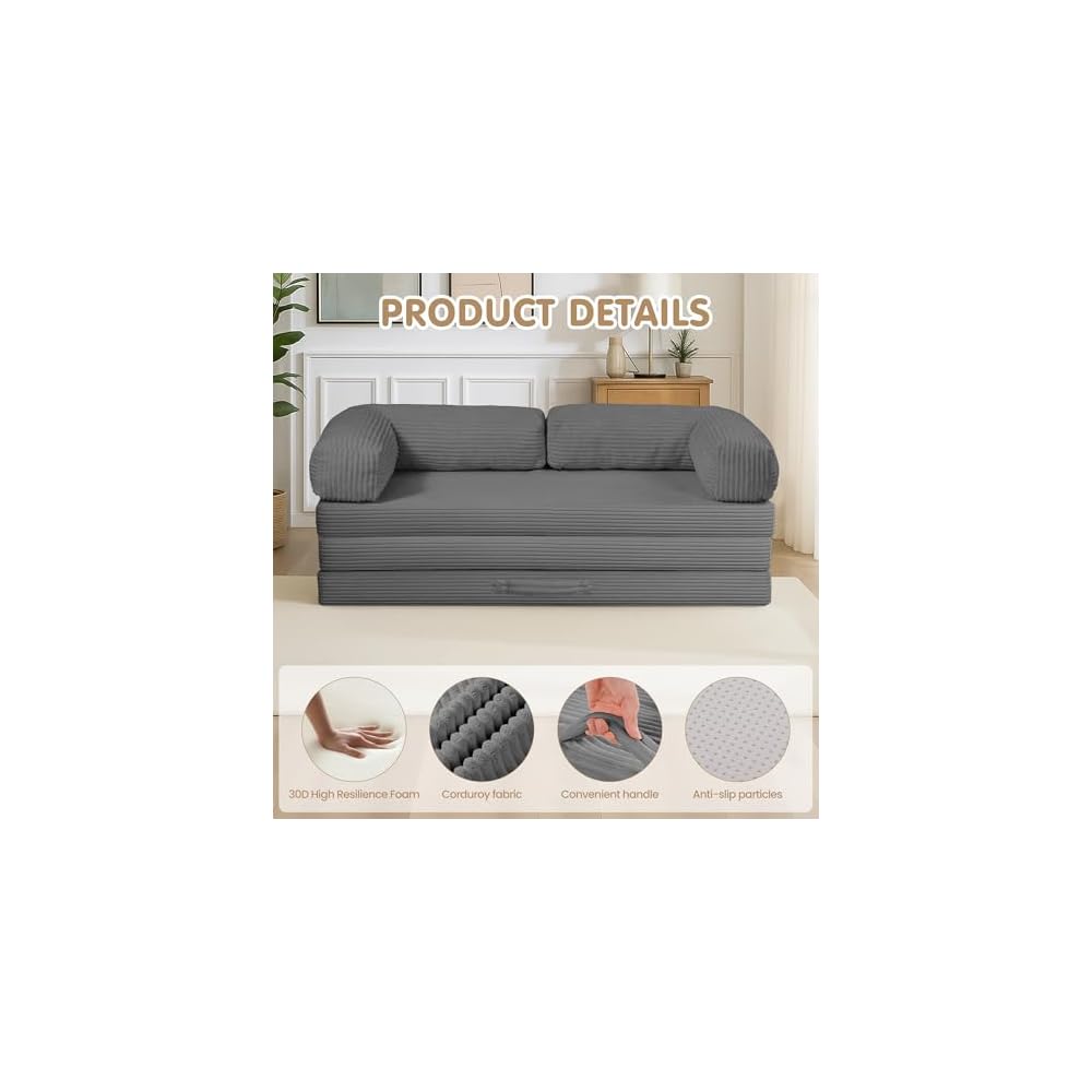 5-in-1 Convertible Sofa Bed,54" Boneless Couch Tri Folding Floor Mattress with Removable L-Shaped Armrests & Handle,Corduroy Futon Couch Sleeper with Pull Out Bed for Living Room Bedroom Apartment