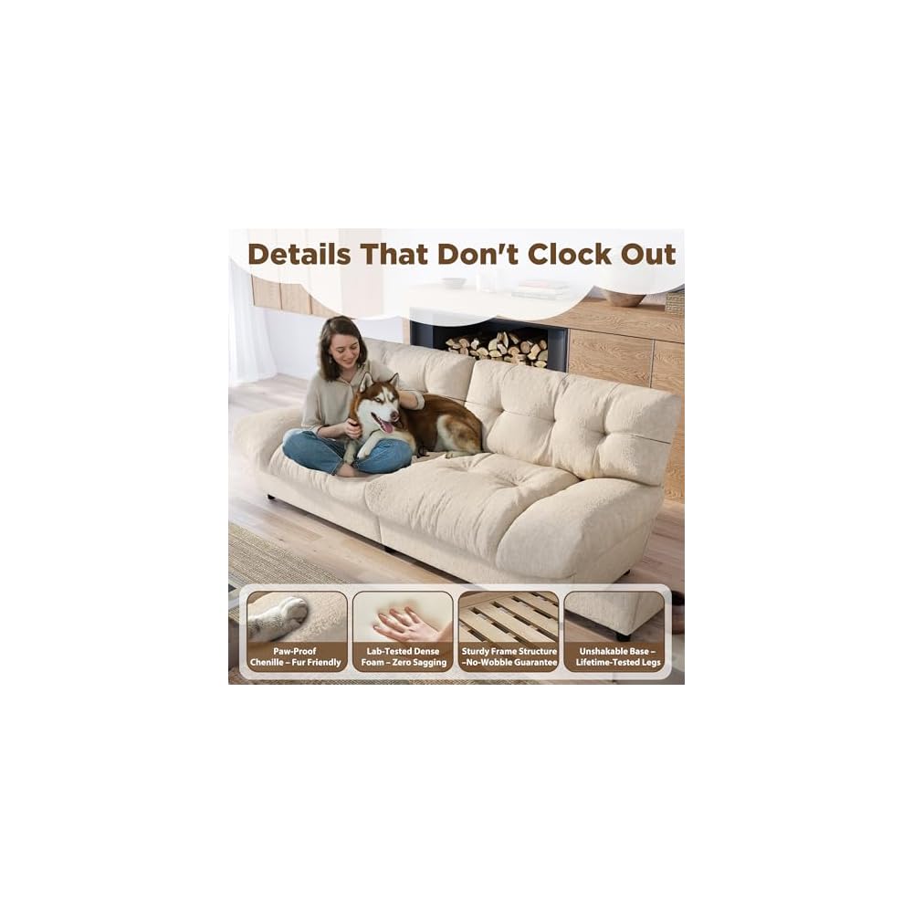 80" Armless Cloud Couch Loveseat, Chenille Deep Seat Sofa with Gently Raised Ends, Comfy 2-Seater Couch for Lounging & Napping, Small Space Apartment Sofa, Beige