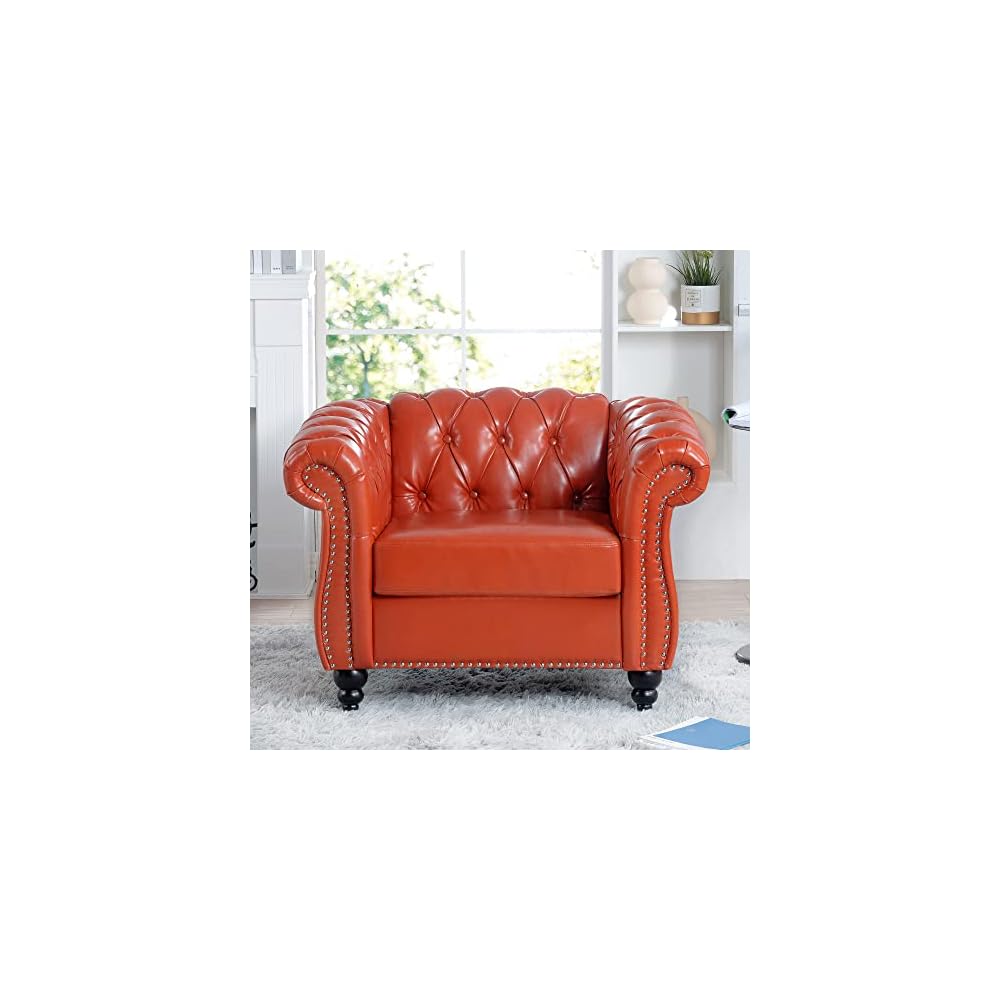 GDFStudio 39" Chesterfield Tufted Sofa Chair, Midcentury Modern 1 Seater Couch with Deep Seat Cushions, Accent Strip, Rolled Arms & Solid Wood Legs, PU Leather Accent Sofa for Living Room, Orange