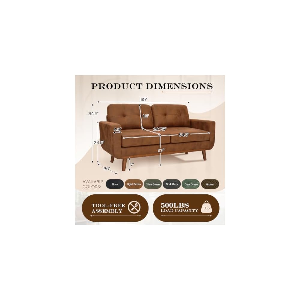 65" Small Loveseat Sofa, Mid Century Modern Love Seat Couch with Solid Wood Legs, Button Tufted Upholstered Mini Couches for Bedroom, Living Room, Office, Small Spaces, Easy to Install, Light Brown