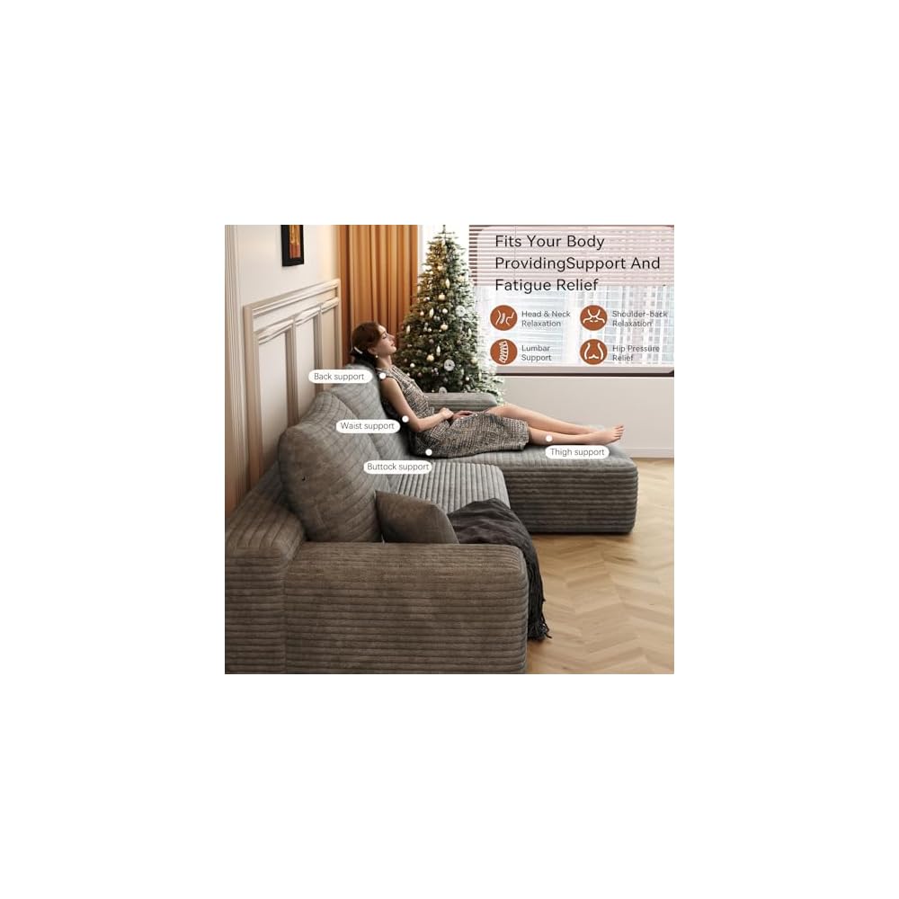 108" L-Shaped Sectional Corduroy Boneless Couch with Chaise, Modern Modular Couches for Living Room Apartments, Upholstered Cloud Sofa with Deep Seat, No Assembly Required (Camel, Right Facing Chaise)
